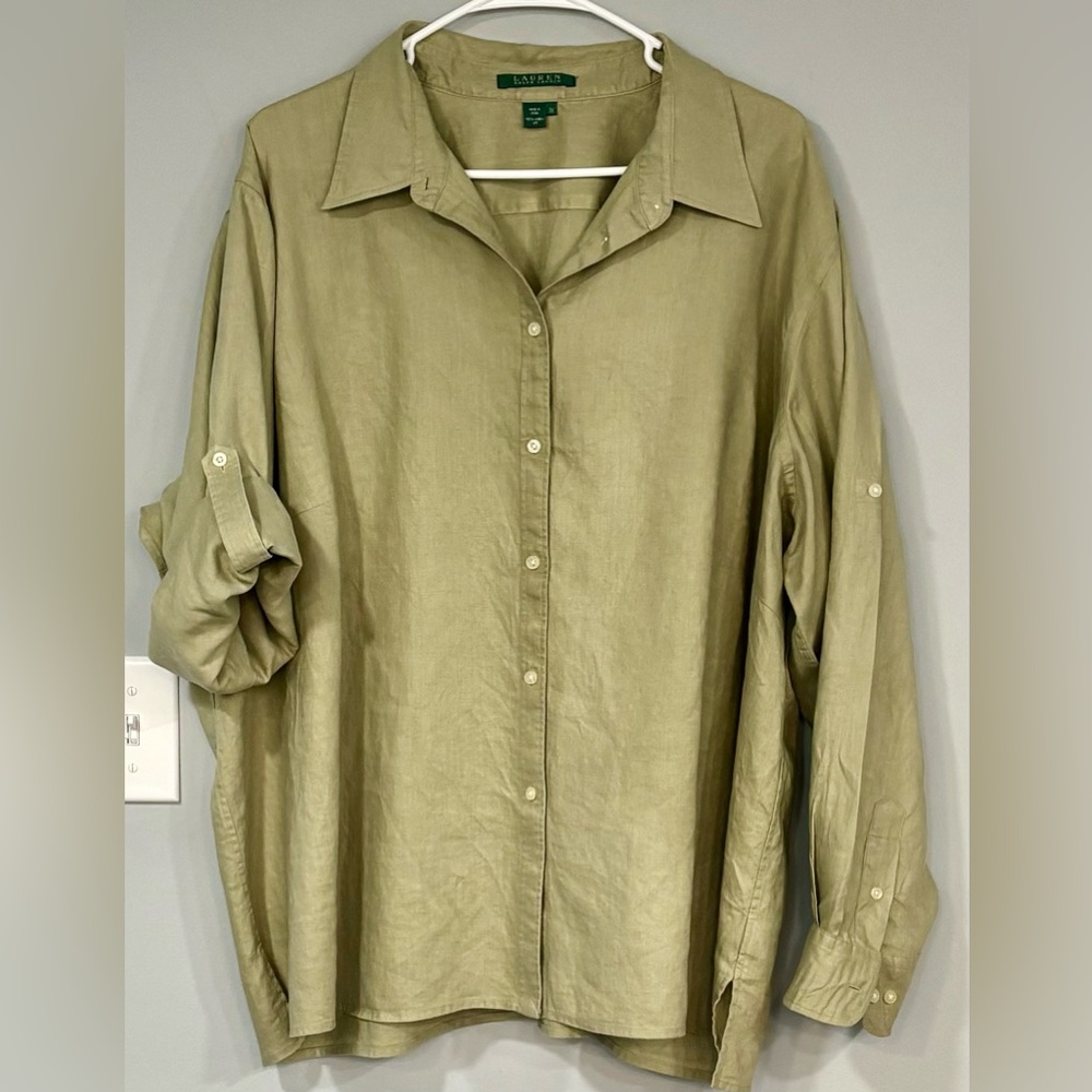 LAUREN by RALPH LAUREN Green Linen CONVERTIBLE Button Down Blouse Shirt 3X